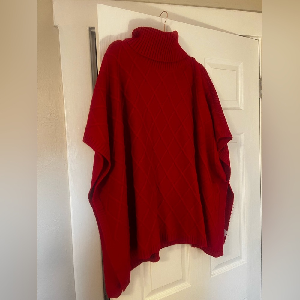 LOFT Red Knit Turtleneck Poncho Sweater